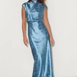 Lulus Gia Slate Blue Satin Jacquard Cutout Midi Dress